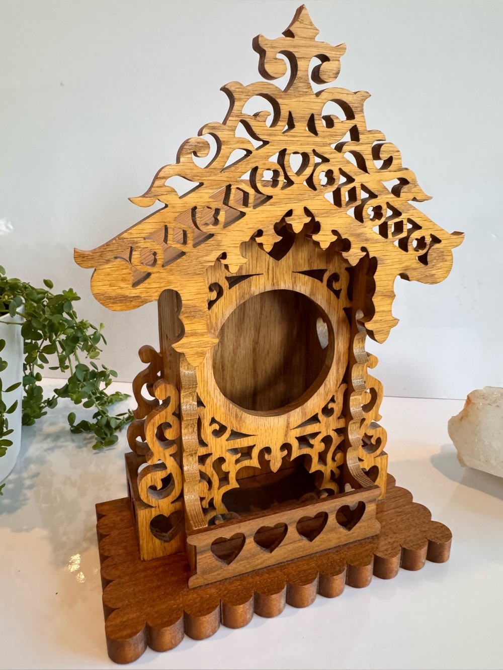 Handmade Intricate Scrollwork Carved Tabletop Clock House Oak & Walnut 9.5”